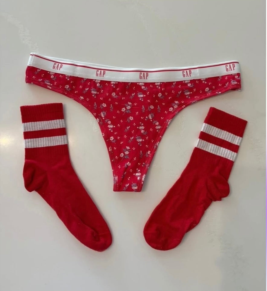 Worn/Used Gap Thong & Red/White Stripe Sock Combo 🤍❤️🤍