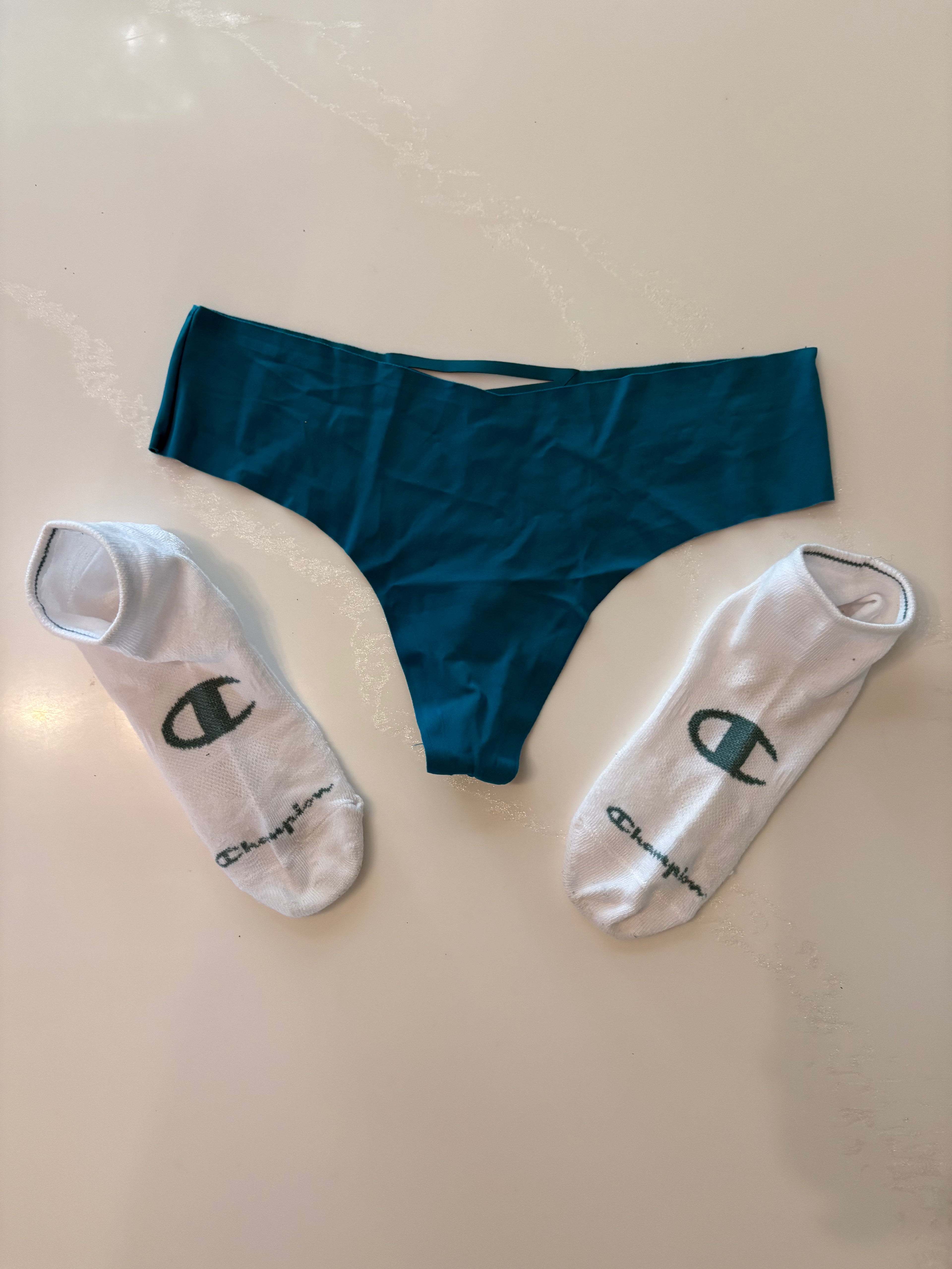Worn/Used VS Cheeky Thong & Champion Sock Combo 🩵