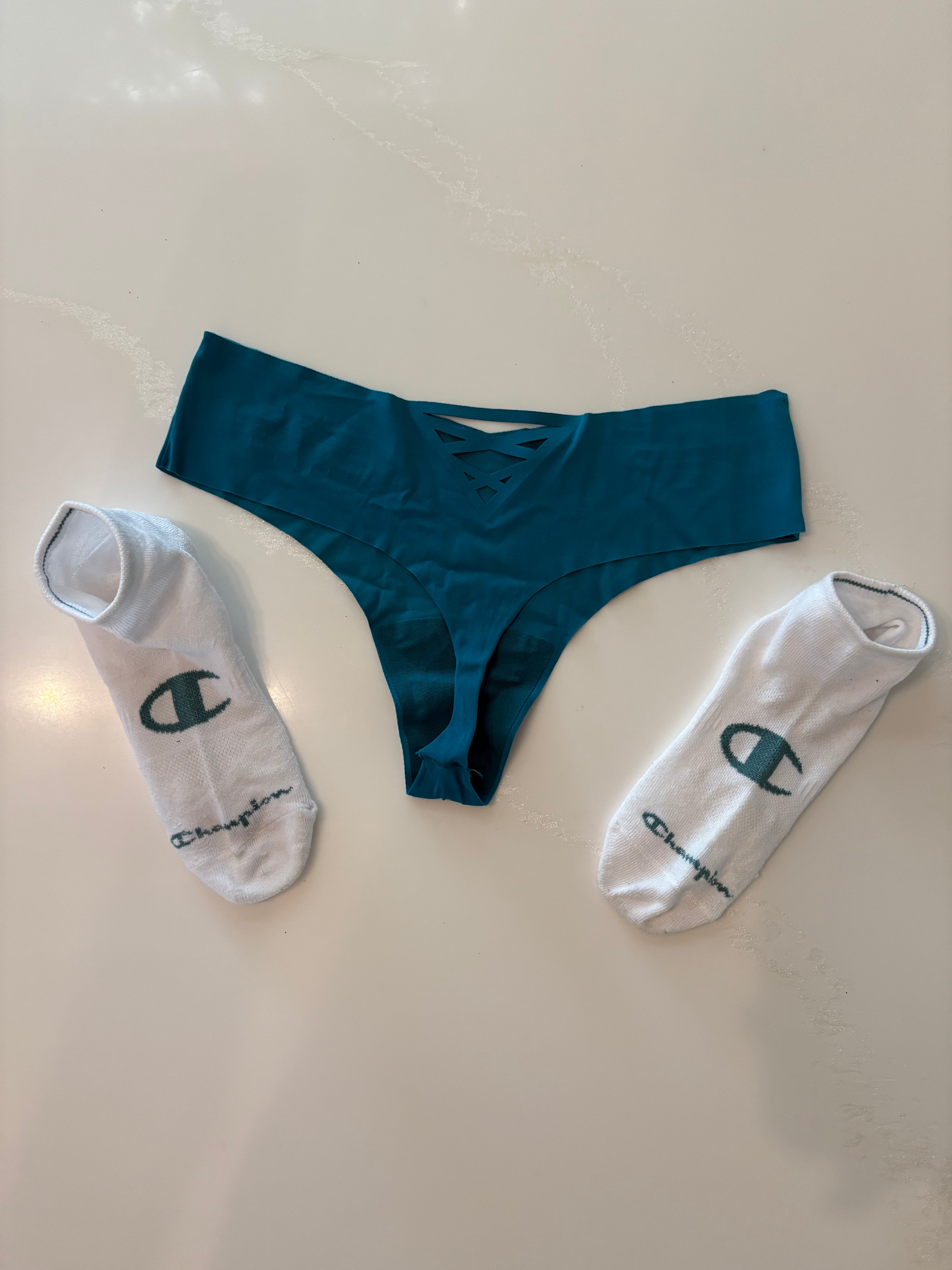 Worn/Used VS Cheeky Thong & Champion Sock Combo 🩵